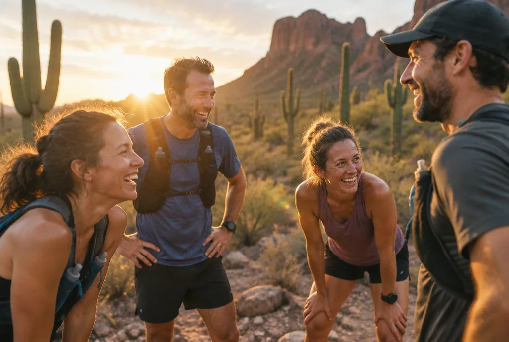 Friends catching their breath after a desert trail run at golden hour, illustrative photography